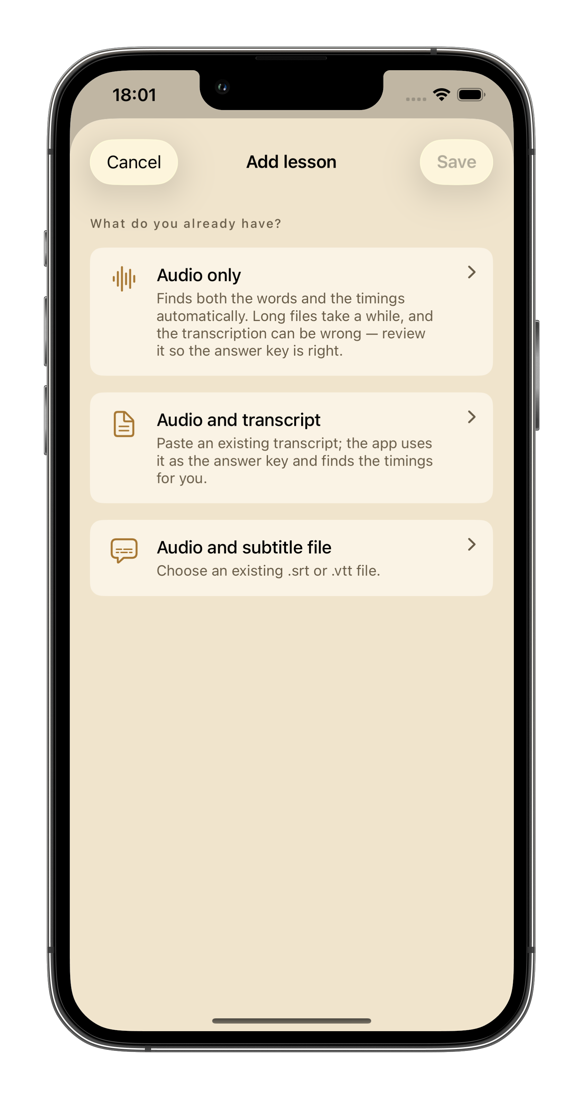 Add lesson screen with three options: audio only, audio with transcript, audio with subtitle file