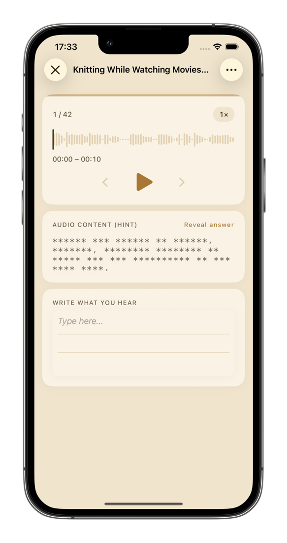 Dictation screen: waveform, hint masked with asterisks, and an input field